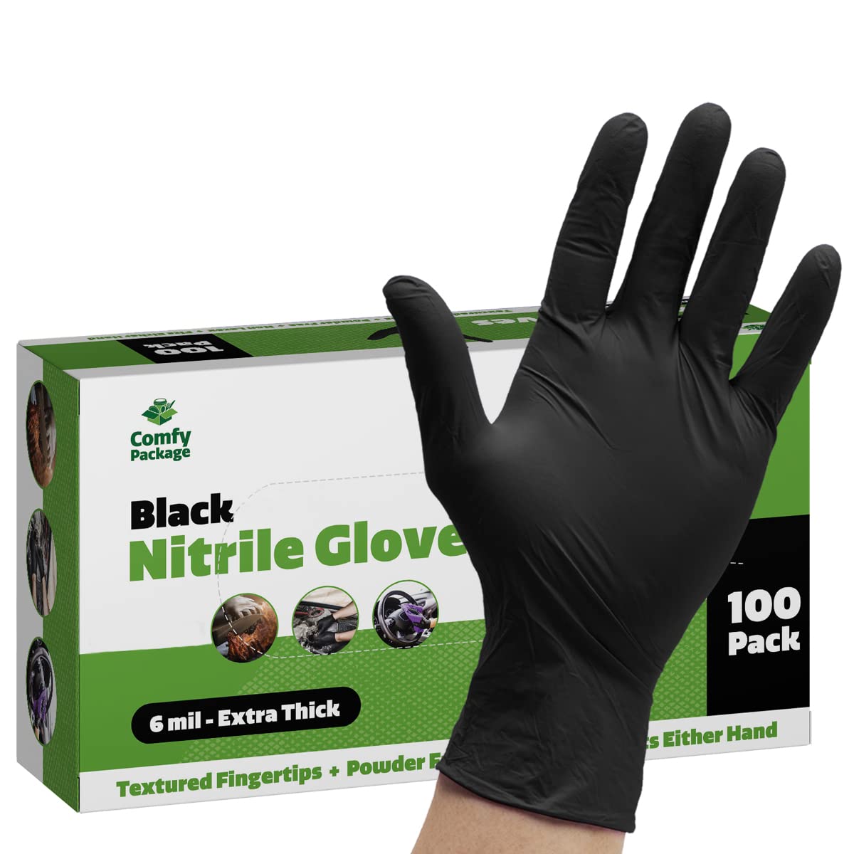 Comfy Package, Black Nitrile Disposable Gloves 6 Mil. Extra Strength Latex & Powder Free, Chemical Resistance, Textured Fingertips Gloves - Medium Comfy Package