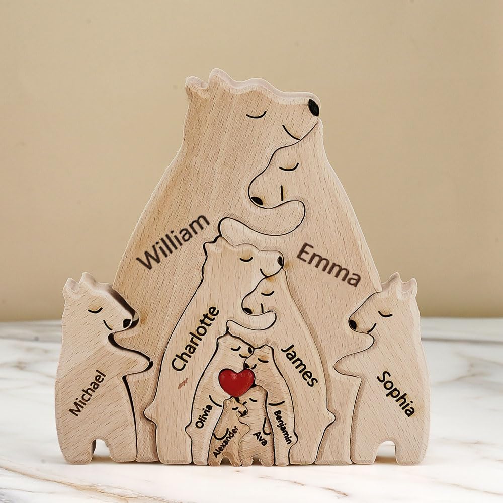 Personalized Wooden Bear Puzzle with 1-8 Family Name, We are One, Custom Family Name Sculpture, Ideal Gift for Christmas, Birthdays, House Warming - WoodArtSupply