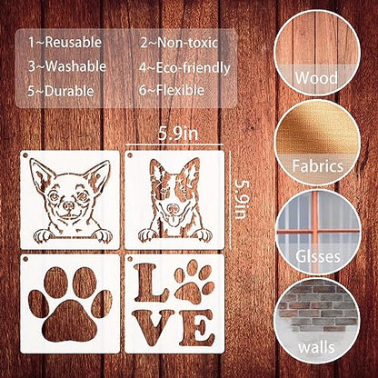 16 Pieces Dog Stencils Dog Paw Print Stencil Love Sunflower Heart Dog Stencils for Painting on Wood Reusable Painting Templates for DIY Crafts - WoodArtSupply