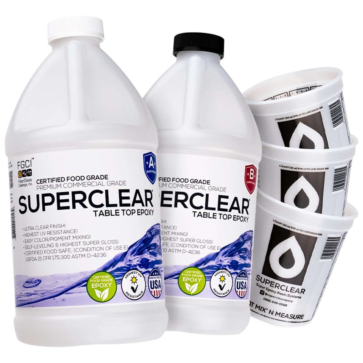 Table Top Epoxy Resin Superclear 1 Gallon | 128 oz Cup Kit, Anti-Yellow Highest UV Impact Resistance, Food Grade Safe, Ultra Crystal Clear Gloss, FGCI