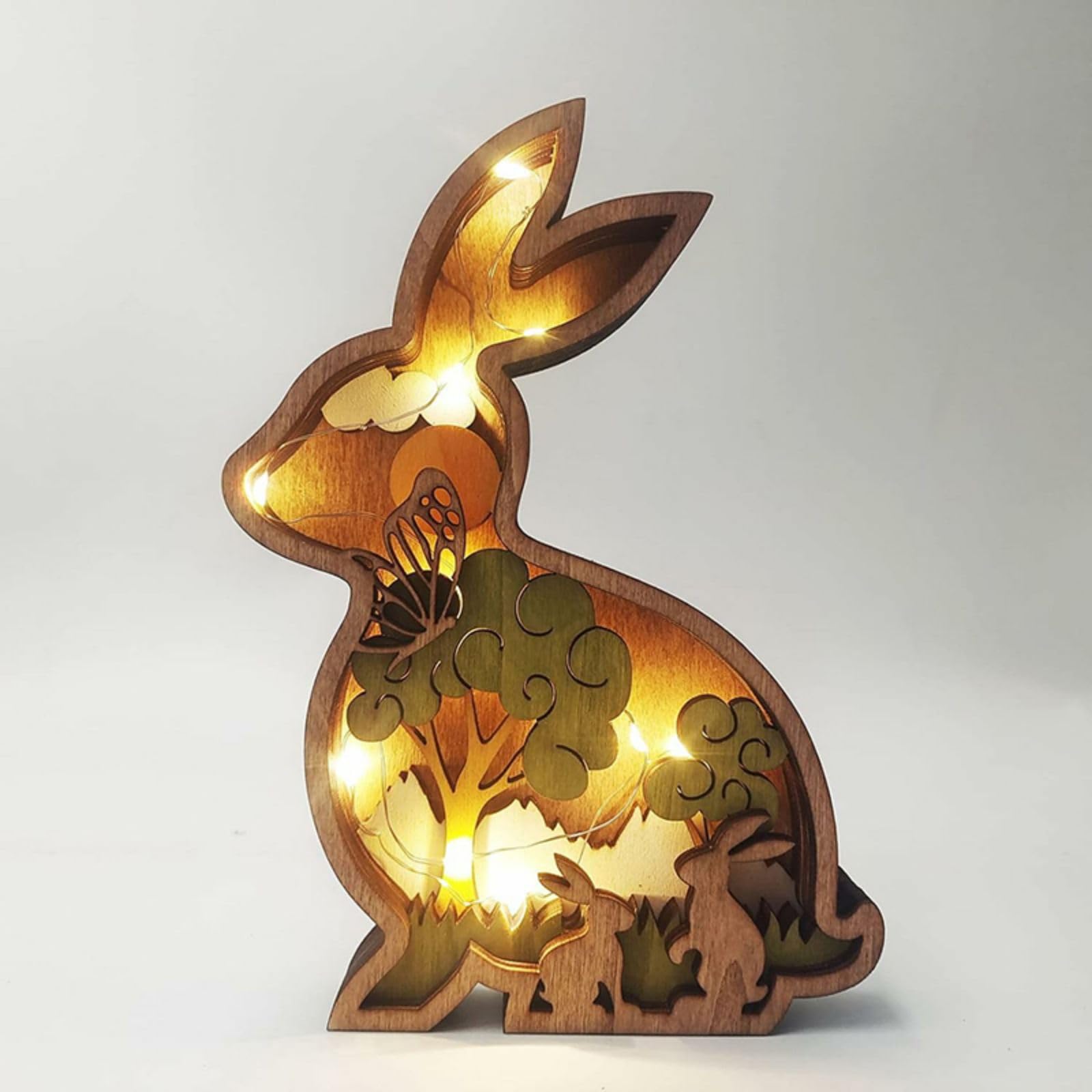 3D Wood Carving Animals Lamp Home Decorative, Cute Bunny Wolf Cat Family Presents Ideas Easter Birthday Living Room Office Decor Warm LED Night - WoodArtSupply