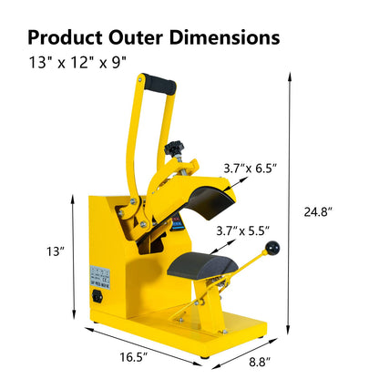 Cap Heat Press Machine Clamshell Design Rigid Steel Frame Curved Hat Press Digital LCD Timer and Temperature Control, Yellow - WoodArtSupply