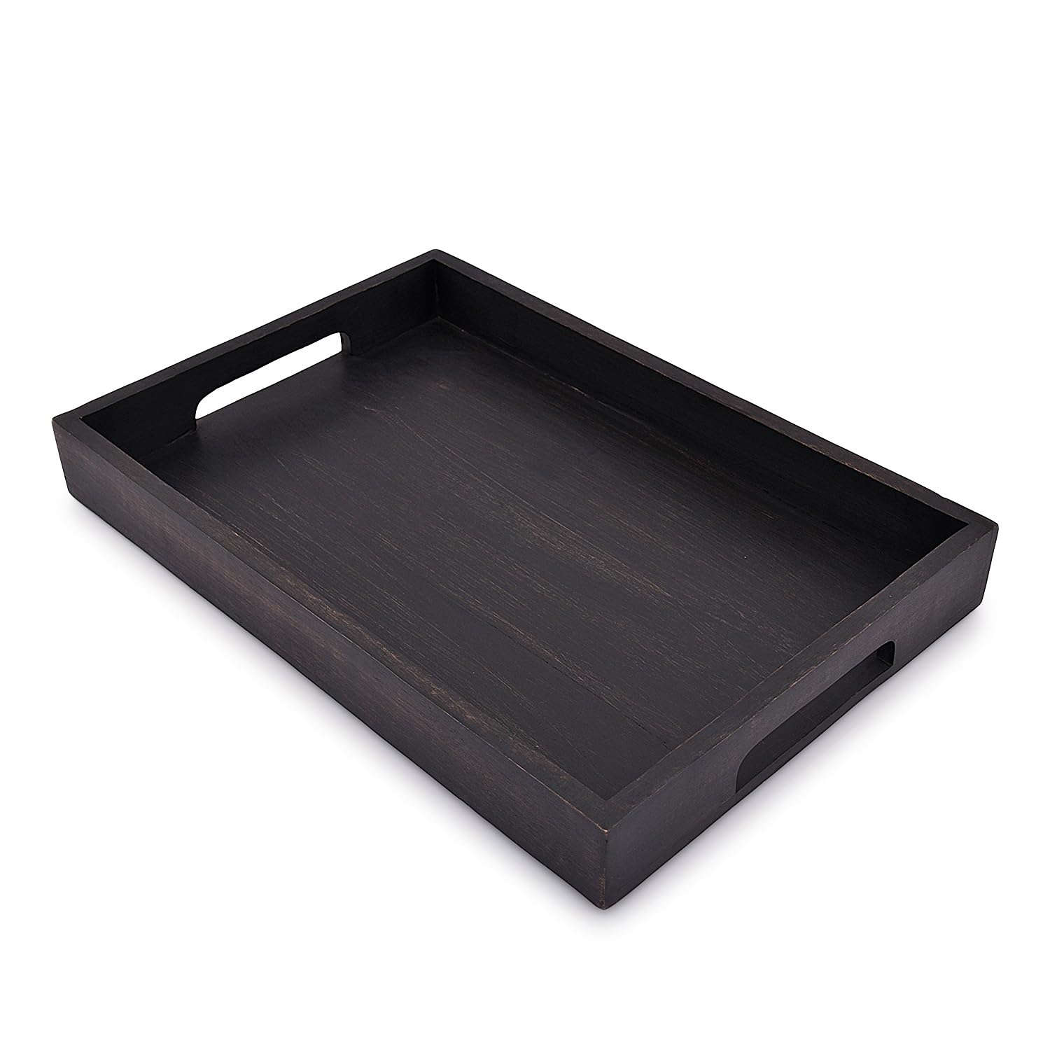 EDHAS Acacia Wood Rectangle BLACK Serving Tray for Breakfast Dinner Drinks Kitchen Dining Living Bathroom With Handle (15" x 10" x 1.6") - WoodArtSupply