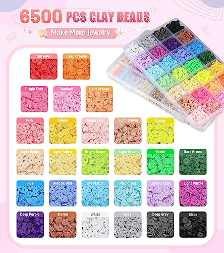 STOPKLAS 7500 Clay Beads Bracelet Making Kit, 28 Colors Flat Round Polymer Clay Beads for Jewelry Making, Spacer Heishi Beads with Pendant Charms