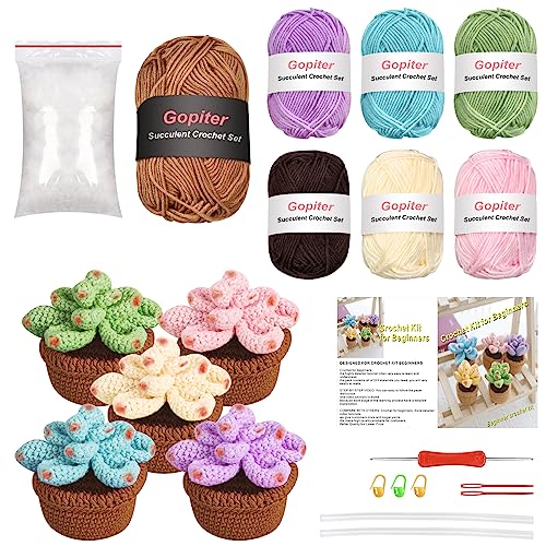 UEIEU Crochet Kit for Beginners - 5Pcs Succulents Potted Plants - Crochet Starter Kit，Suitable for Adults Learning Adult Beginner Crochet kit, Step - WoodArtSupply