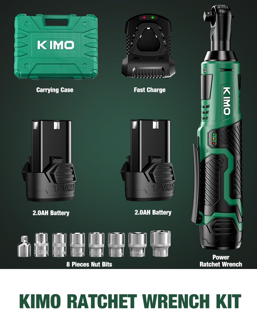 KIMO Cordless Electric Ratchet Wrench Set, 40 Ft-lbs, 400 RPM, 3/8" 12V Cordless Ratchet Kit w/ 60-Min Fast Charge, Variable Speed Trigger, 2-Pack K I M O.