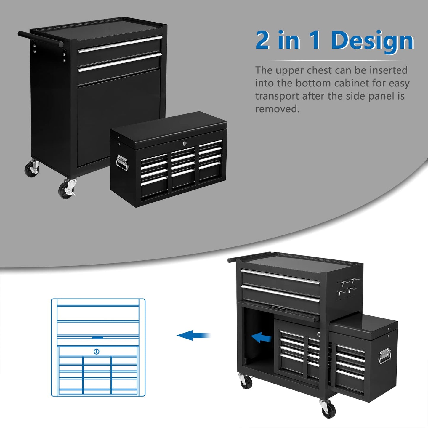 TUFFIOM 8-Drawer Rolling Tool Chest w/Lock & Key, Tool Storage Cabinet w/Wheels, Detachable Top, Drawers & Drawer Liners, Tool Organizer Box for - WoodArtSupply