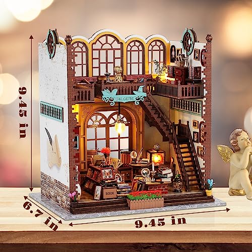 DIY Miniature Wooden Dollhouse Kit: Magic Book Store House with Furniture and LED - Great Handmade Crafts Model Building Kit Decor Gifts for Adults Quanquer
