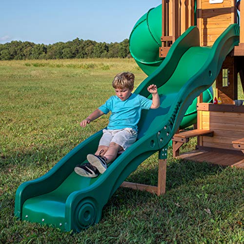 Backyard Discovery, Cedar Cove Wood Swing Set, Playground Fort, Chalkboard, Telescope, Dual Slide, Kitchenette, Wide Swing Lanes, 5ft Rock Wall, Step