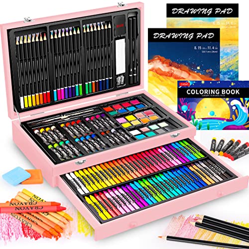 Caliart Pink Art Supplies, 153-Pack Deluxe Wooden Art Set Crafts Drawing Painting Coloring Supplies Kit with 2 A4 Sketch Pads, Halloween Creative