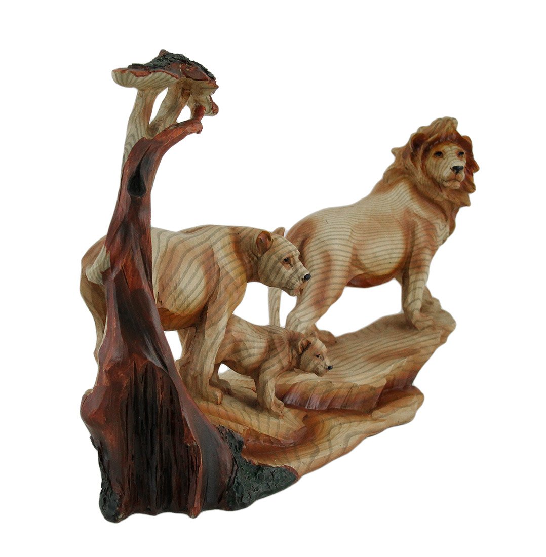 Zeckos African Lion Family Carved Wood Look Resin Statue Zeckos