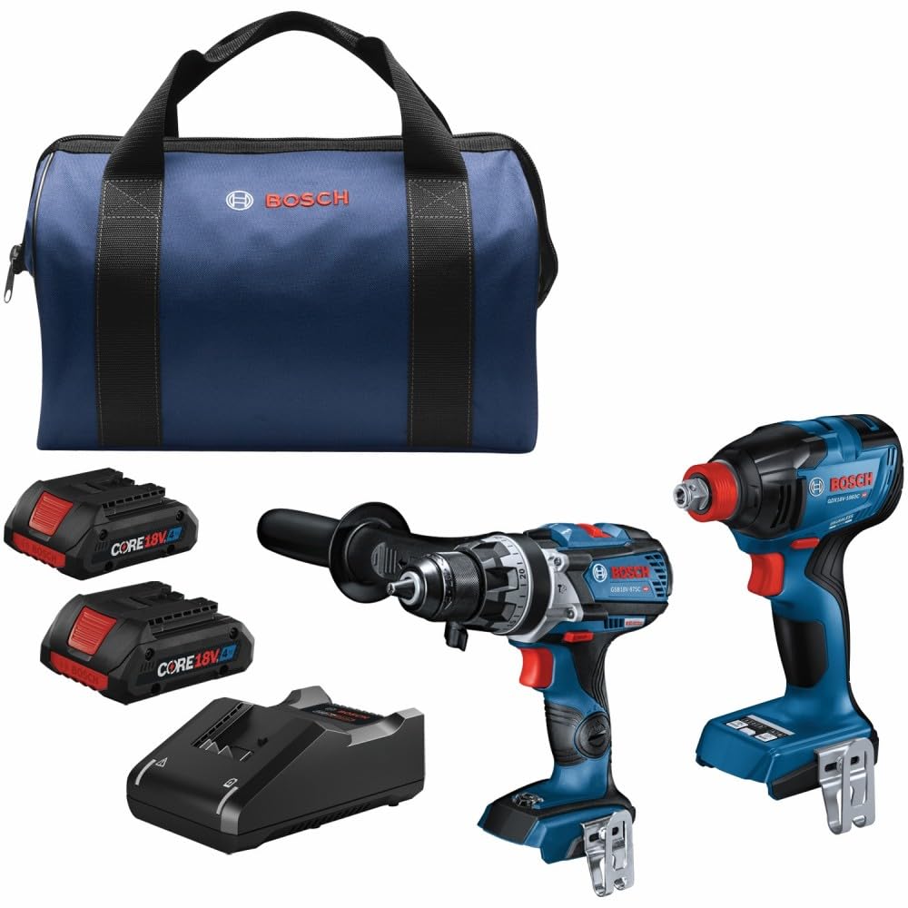 BOSCH GXL18V-227B25 18V 2-Tool Combo Kit with Connected-Ready Two-In-One 1/4 In. Bit/Socket Impact Driver/Wrench, 1/2 In. Hammer Drill/Driver and (2) - WoodArtSupply