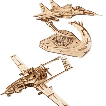 UGEARS BUNDLE Bayraktar TB2 Combat Drone and Fighter Jet Model Kit with Movable Ailerons-The Ghost of Kyiv Wing Flaps & Tail Rudders - MiG-29 - WoodArtSupply