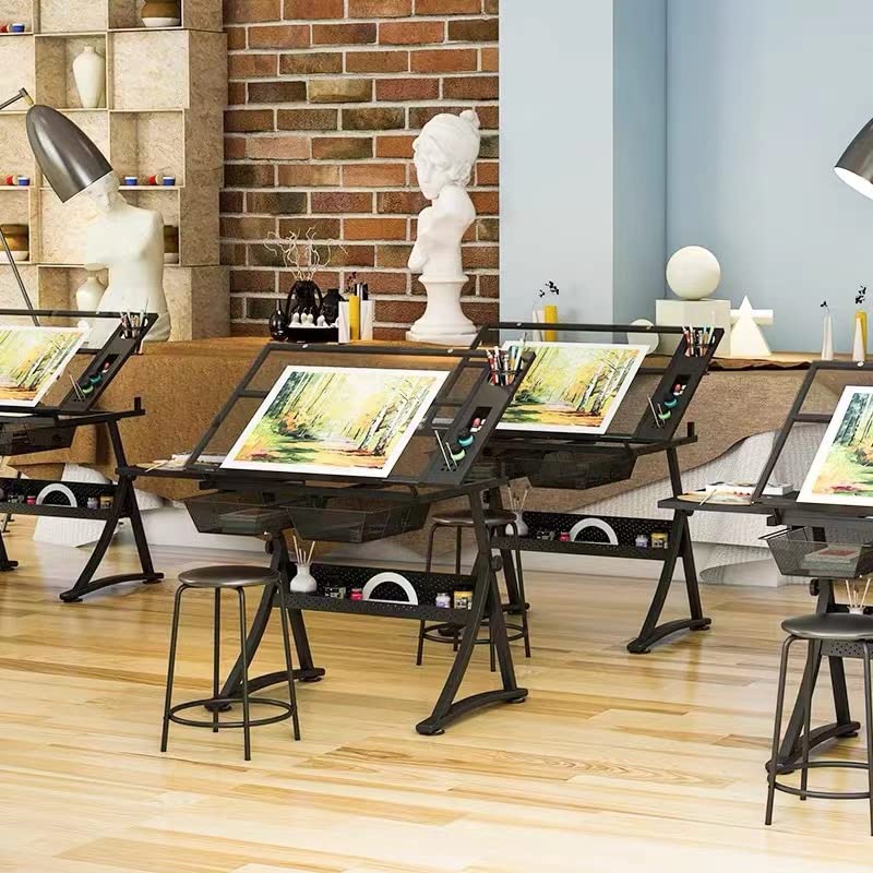 Lambgier Glass Craft Table Drawing Desk – Drafting Tables Hobby Table Writing Studio Art Artist Desk with Adjustable Tilted Tabletop (Black) Lambgier