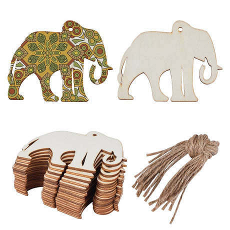 GORGECRAFT 20PCS Wooden Christmas Tags Elephant Wood Cut Out Pendants Unfinished Wood Hanging Slices Ornaments Sets with Hole Ropes for Crafts GORGECRAFT