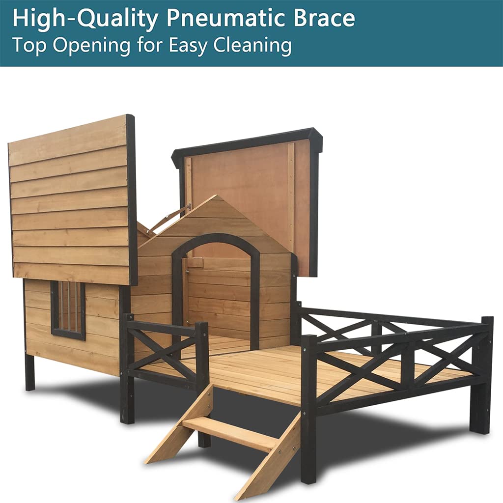 Wooden Large Dog House 43.3" L x 69.9" W x 32.7" H Extreme Outback Log Cabin Weatherproof Outdoor Pet Kennel, Cabin Style Elevated Pet Shelter AMZOSS