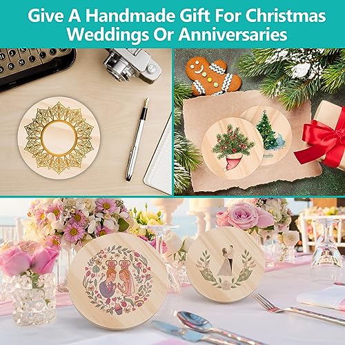 32Pcs Unfinished Wood Coasters, 4" Round Wooden Coasters with Non-Slip Dot Sticker for Drinks, 9mm Thick Blank Wood Coasters Bulk for DIY Crafts Adrattnay