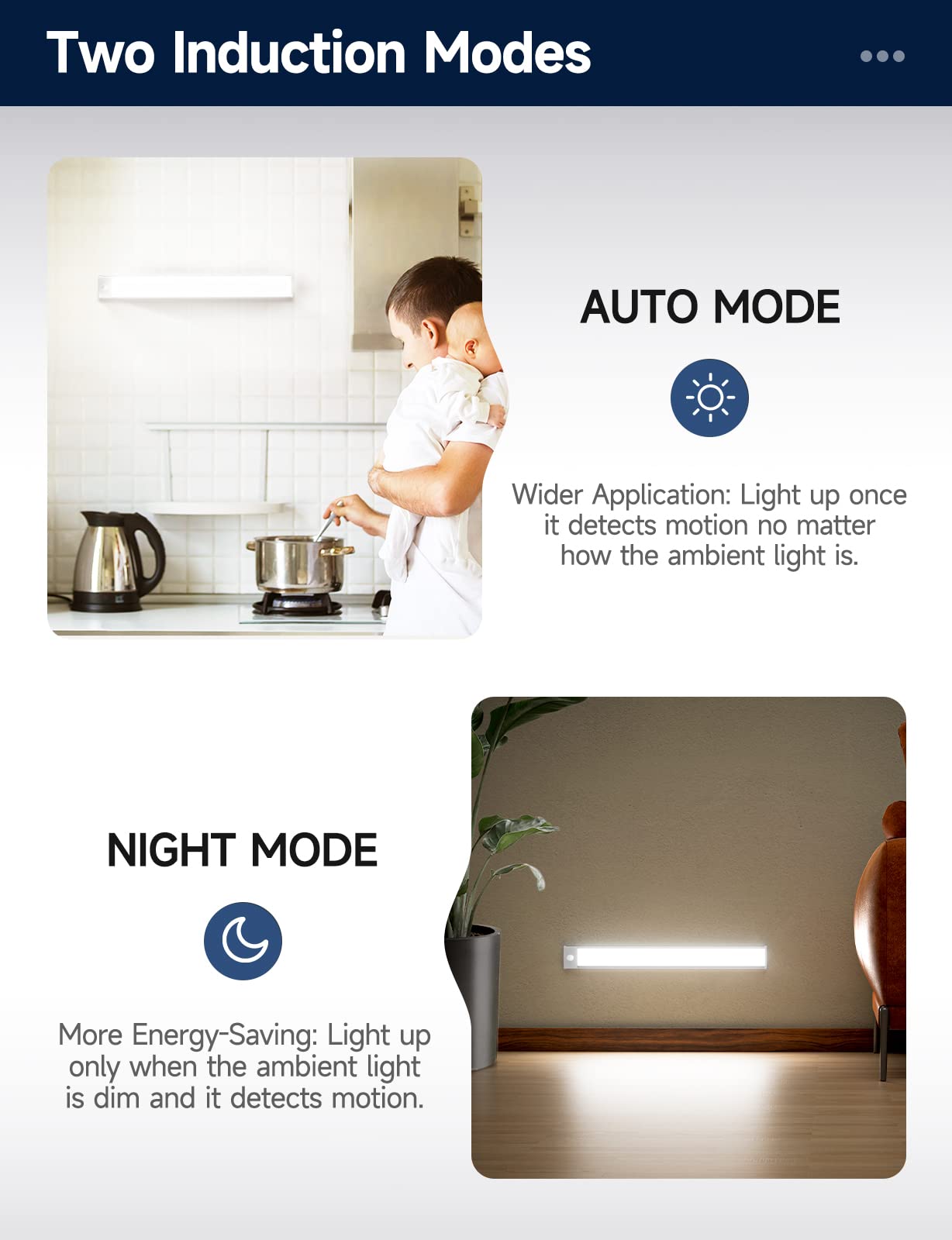 YIGER 2 Packs Under Cabinet Lights, 2000mAh Rechargeable 62 LED White Lighting, Wireless Motion Sensor Light Indoor,4 Modes Night Light, Stick-On - WoodArtSupply