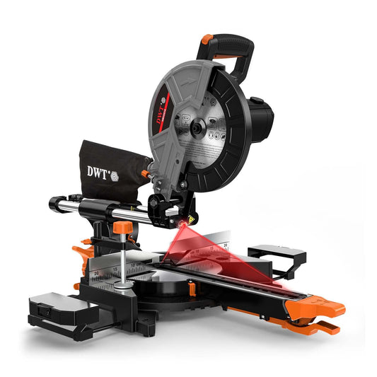 DWT Sliding Compound Miter Saw with 3 Blades, 15A 10", Double Speed (4500 RPM & 3200 RPM), Bevel Cut (0°-45°) with Laser, Extension Table, Iron Blade - WoodArtSupply