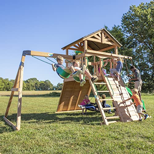 Backyard Discovery Endeavor All Cedar Wood Swing Set Playset for Backyard with Large Clubhouse Wave Slide Rope Ladder Rock Climbing Wall Wave Slide 2