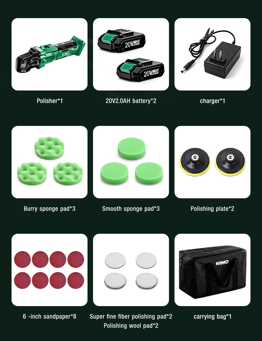 KIMO 20V Cordless Buffer Polisher Kit, 24 Accessories, 2 X 2000mAh Batteries, Car Polisher w/ 6 Variable Speed Up to 3634RPM, Cordless Polisher for K I M O.