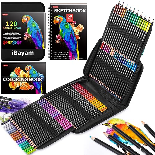 iBayam 123-Pack Colored Pencils Set with Gift Case, 3-Color Sketch Pad, Coloring Book, Professional Artist Drawing Pencils Kit Art Supplies for iBayam
