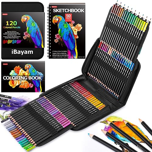 iBayam 123-Pack Colored Pencils Set with Gift Case, 3-Color Sketch Pad, Coloring Book, Professional Artist Drawing Pencils Kit Art Supplies for