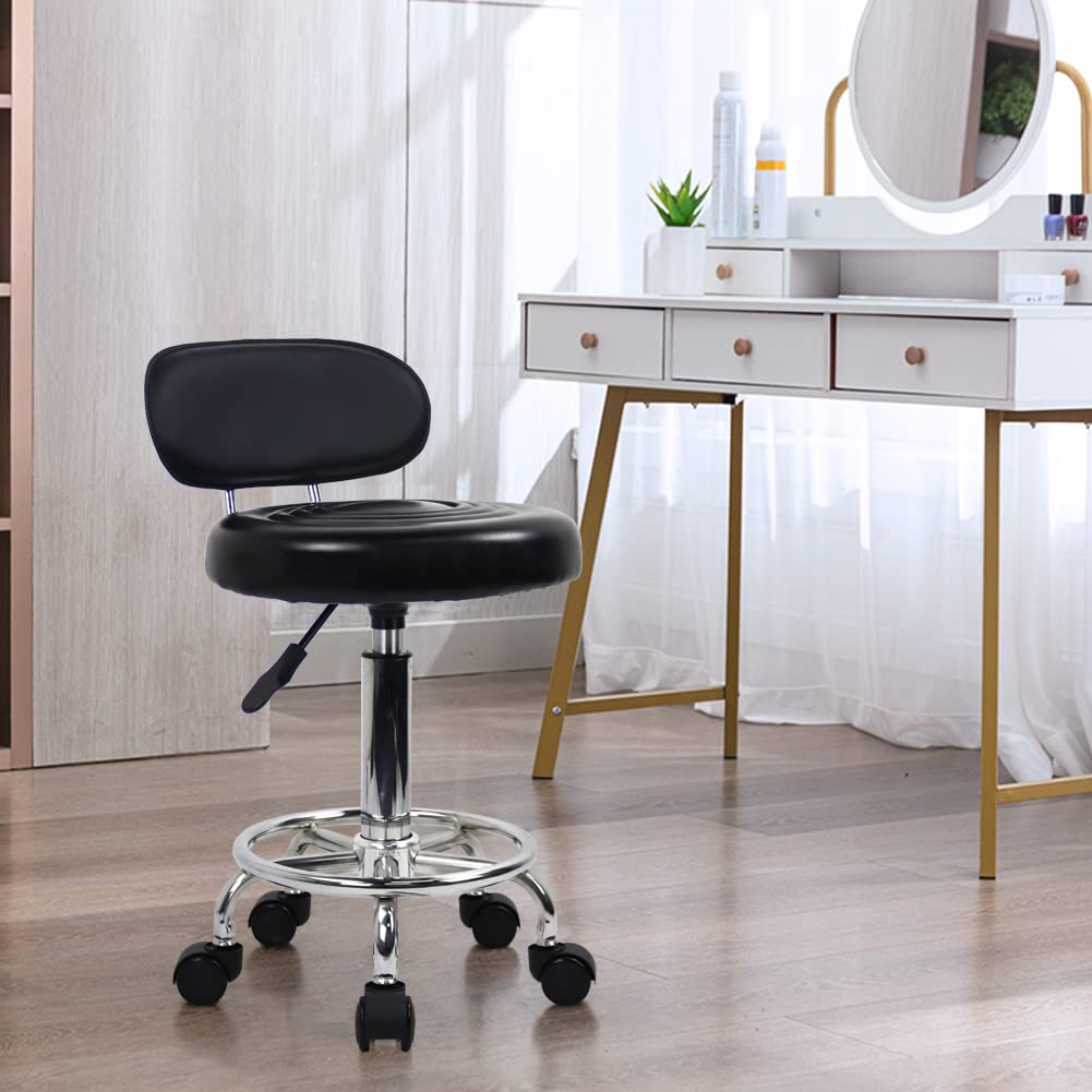 KKTONER PU Leather Modern Rolling Stool with Low Back Height Adjustable Work Salon Drafting Swivel Task Chair with Footrest (Black) KKTONER