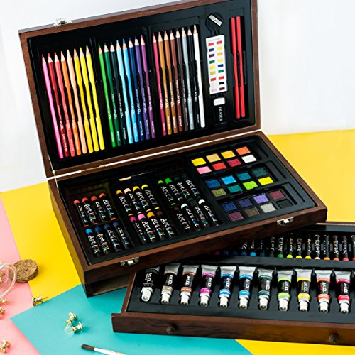 Art 101 USA Deluxe Art Set with 119 Pieces in a Wood Organizer Case, Includes Color Pencils, Paints, brushes and palettes, Learning guides, Portable Art 101 USA