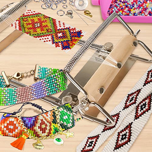 hobbyworker The Second Generation Adjustable Bead Loom Kit with Seed Beads,Large Eye Curved Beading Needle, Funnel Tray,Lobster Clasp,Open Ring and hobbyworker