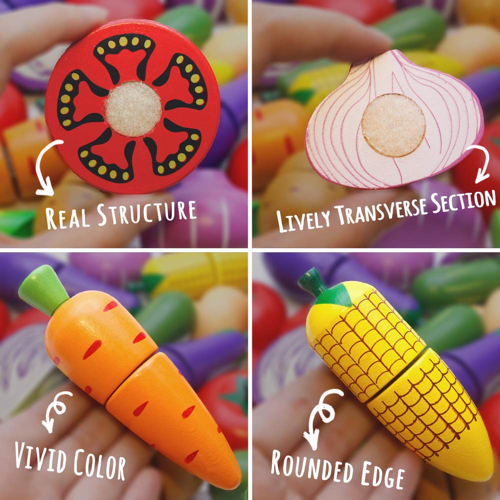 Wooden Play Food for Kids Kitchen Toys for Toddlers Cutting Pretend Toy Food Wooden Fruits Vegetables Gift for Boys Girls Educational Toys Airlab