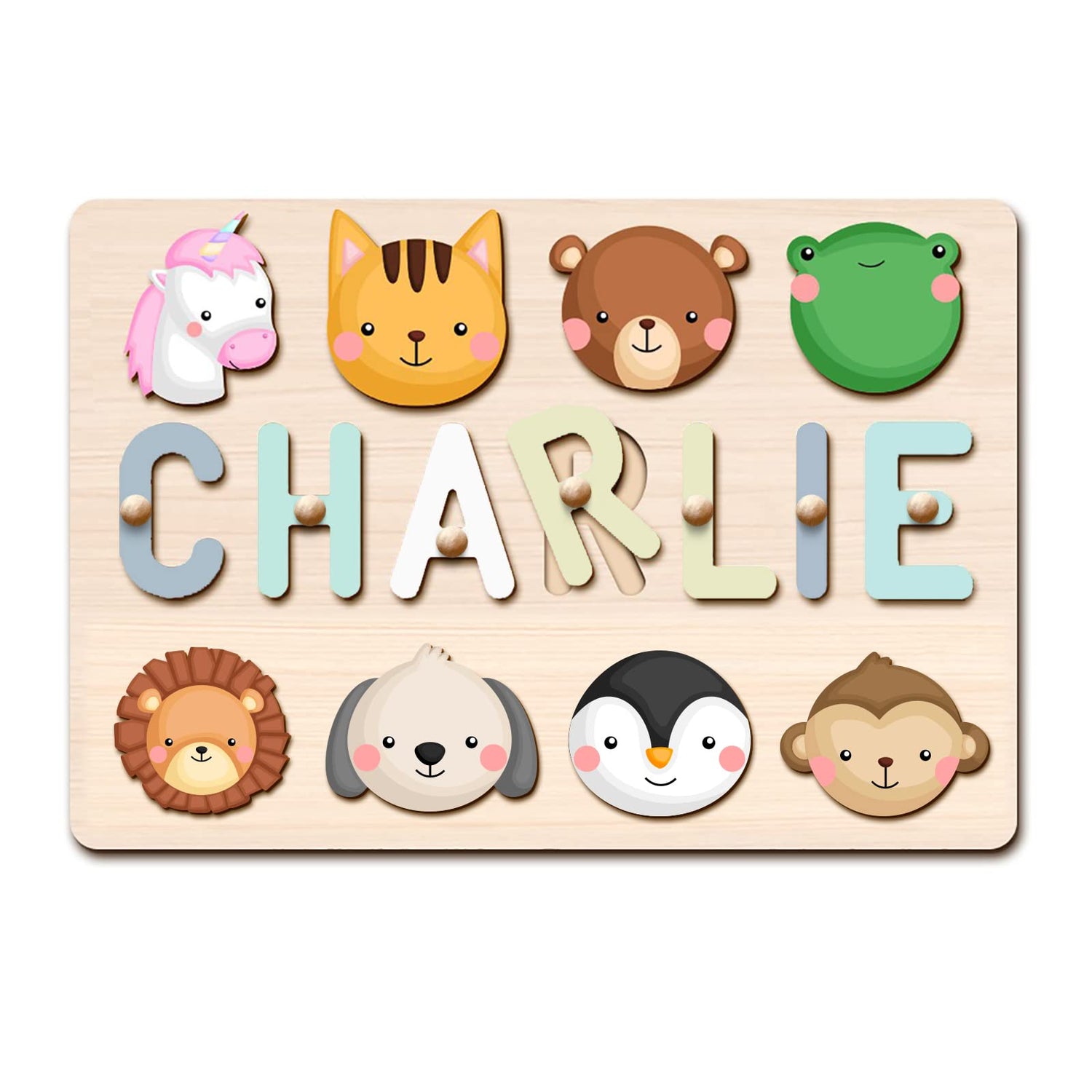 PUREFLY Personalized Name Puzzle for Kids Engraved Text Greetings on Back Custom Wooden Name Signs with Pegs for Baby Boy & Girl 1 Year Old Nursery PUREFLY