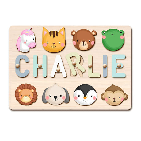 PUREFLY Personalized Name Puzzle for Kids Engraved Text Greetings on Back Custom Wooden Name Signs with Pegs for Baby Boy & Girl 1 Year Old Nursery PUREFLY