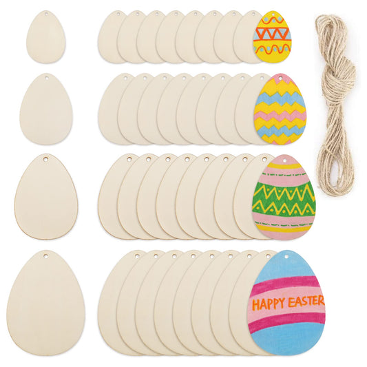 Whaline 40Pcs Easter Egg Wooden Cutouts with Hemp Rope Easter Egg Unfinished Wood Ornaments Egg Shaped Blank Wooden Slices for Easter Spring Home Hanging Decoration Classroom DIY Art Craft