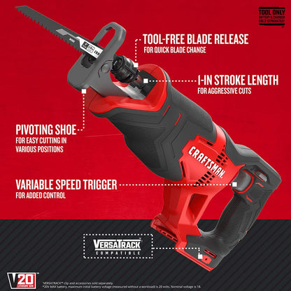 CRAFTSMAN V20 Reciprocating Saw, Cordless, 3,000 RPM, Variable Speed Trigger, Quick Easy Blade Change, Bare Tool Only (CMCS300B) - WoodArtSupply