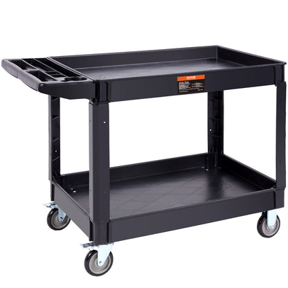 VEVOR Utility Service Cart, 2 Shelf 550LBS Heavy Duty Plastic Rolling Utility Cart with 360° Swivel Wheels (2 with Brakes), Large Lipped Shelf,