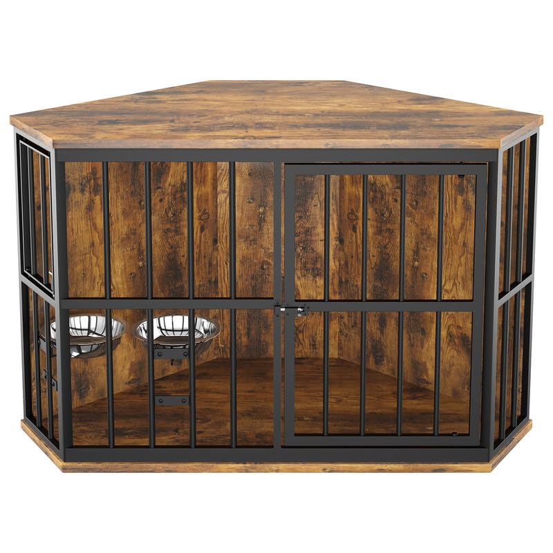 ROOMTEC 42 inch Furniture Dog Crate Corner, Dog Kennel Corner Wooden End Table with Bowl, Indoor Pet Crates Corner Side Table for Dogs, Wide Top - WoodArtSupply