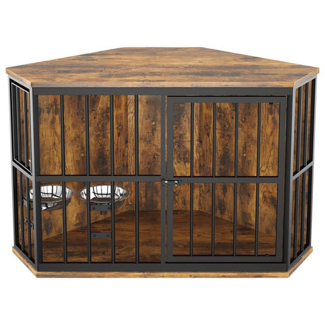 ROOMTEC 42 inch Furniture Dog Crate Corner, Dog Kennel Corner Wooden End Table with Bowl, Indoor Pet Crates Corner Side Table for Dogs, Wide Top ROOMTEC