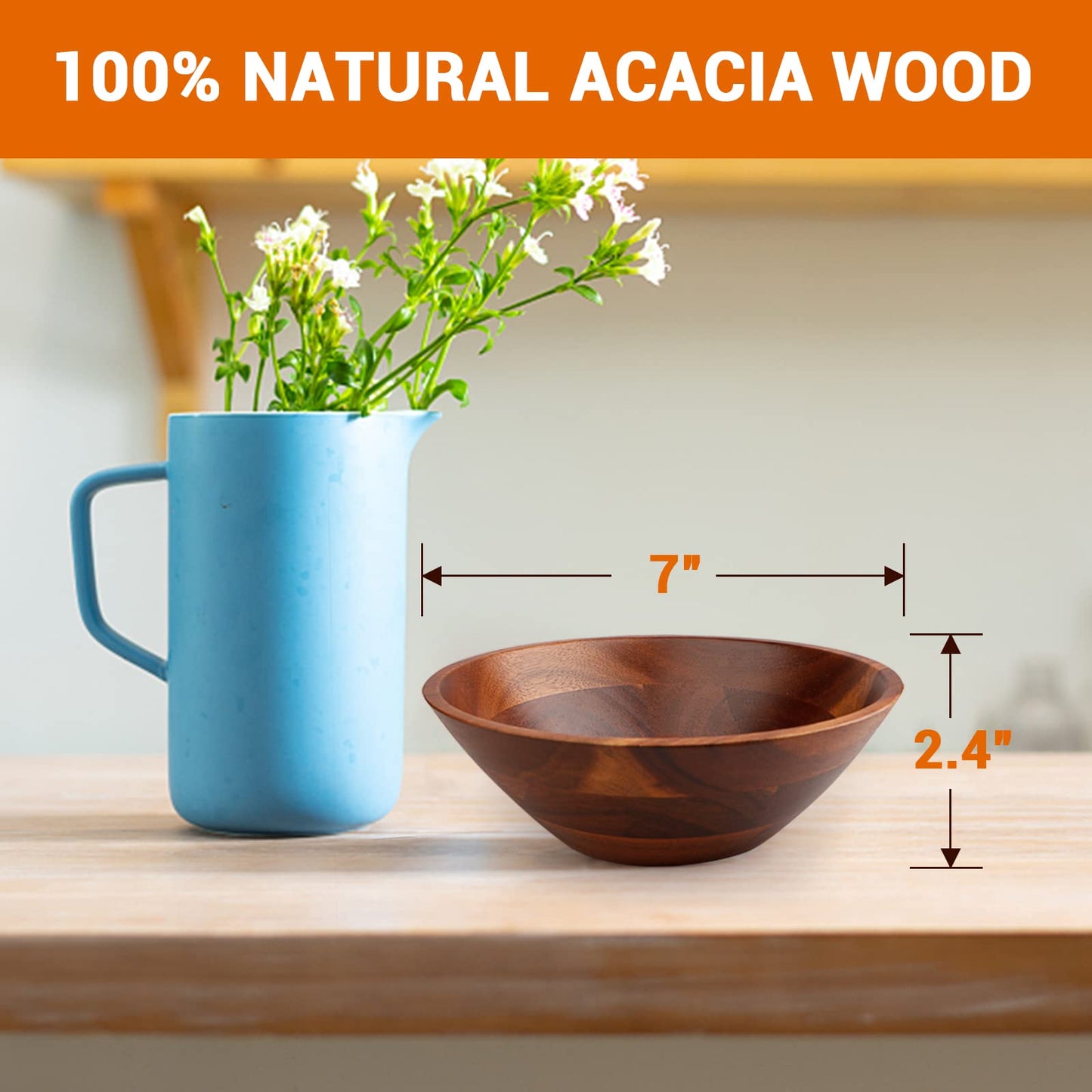 AIDEA Acacia Wooden Serving Bowls, 7 Inch Set of 4 for Salad, Soup, Noodle and More