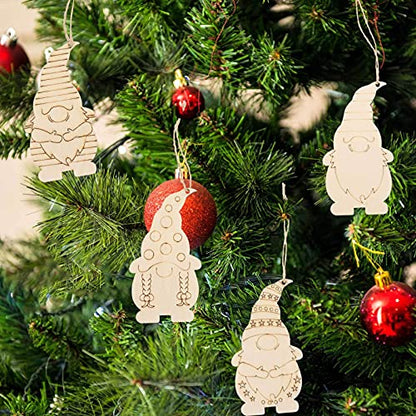 40pcs Gnome Wooden Ornaments Unfinished Wood Hanging Gnome Wooden Slices Santa Cutouts Crafts Gift Tags with Twine Ropes for Halloween Christmas