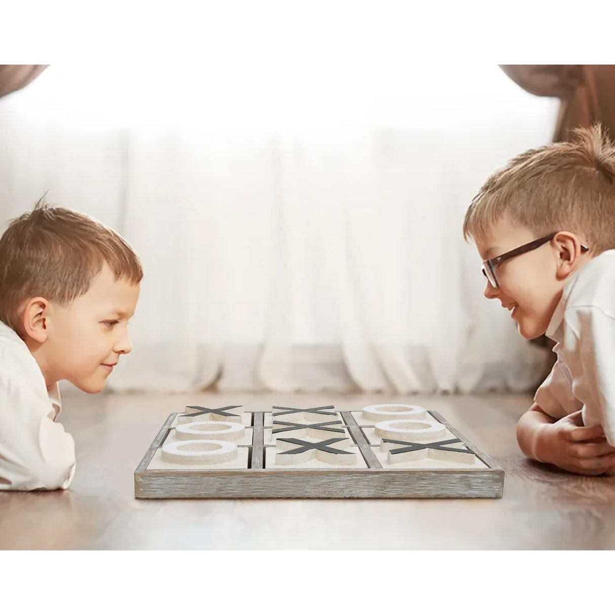 JEVERGN 12.6" Large Tic Tac Toe Game, Rustic Wooden Coffee Table Game, Wood Tic-tac-Toe Board Game with Decor, Family Games for Adult & Kids, Washed JEVERGN