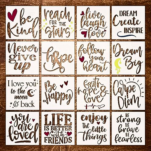 16 Piece Inspirational Word Stencil Set - Stencils for Painting on Wood - Quotes Include Dream, Faith Hope Love - Reusable Stencils for Painting on - WoodArtSupply