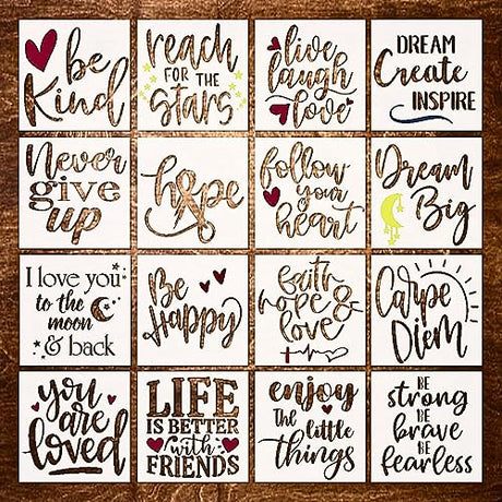 16 Piece Inspirational Word Stencil Set - Stencils for Painting on Wood - Quotes Include Dream, Faith Hope Love - Reusable Stencils for Painting on DLY LIFESTYLE