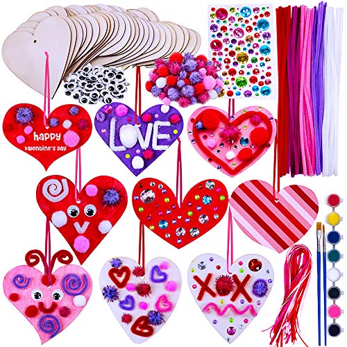 36 Sets Valentine's Day DIY Assorted Wood Heart Ornament Craft Kit Unfinished Paintable Wooden Heart Cutouts Stickers Metallic Chenille Stems Winlyn