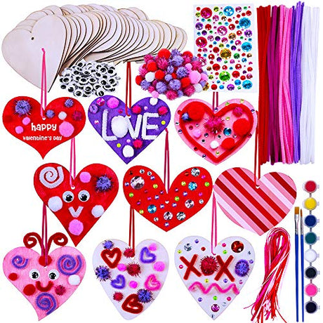 36 Sets Valentine's Day DIY Assorted Wood Heart Ornament Craft Kit Unfinished Paintable Wooden Heart Cutouts Stickers Metallic Chenille Stems Winlyn
