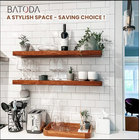 BATODA Set of 2 17" Acacia Wood Floating Shelves Wall Mounted – Rustic Farmhouse Wooden Wall Storage Shelf for Bedroom, Kitchen, Home Décor - BATODA