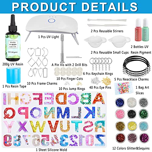 Miraclekoo UV Resin Kit with Light and Alphabet Resin Molds for Beginners, 7oz UV Epoxy Resin and Supplies with UV Lamp Resin Jewelry Molds Starter Miraclekoo