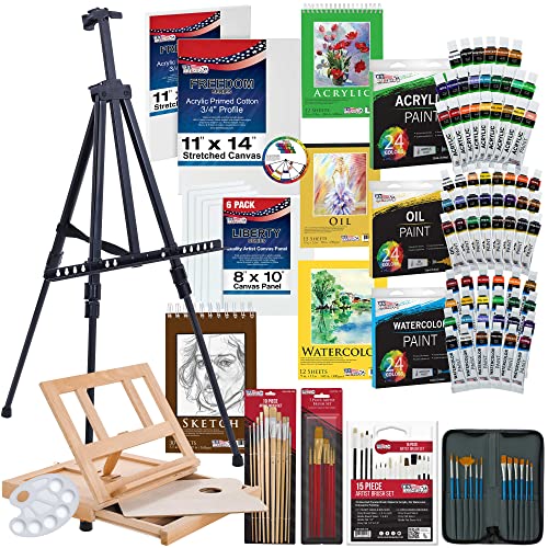 U.S. Art Supply 133-Piece Deluxe Ultimate Artist Painting Set with Aluminum and Wood Easels, 72 Paint Colors, 24 Acrylic, 24 Oil, 24 Watercolor, 8 - WoodArtSupply