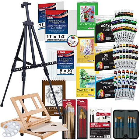 U.S. Art Supply 133-Piece Deluxe Ultimate Artist Painting Set with Aluminum and Wood Easels, 72 Paint Colors, 24 Acrylic, 24 Oil, 24 Watercolor, 8 US Art Supply