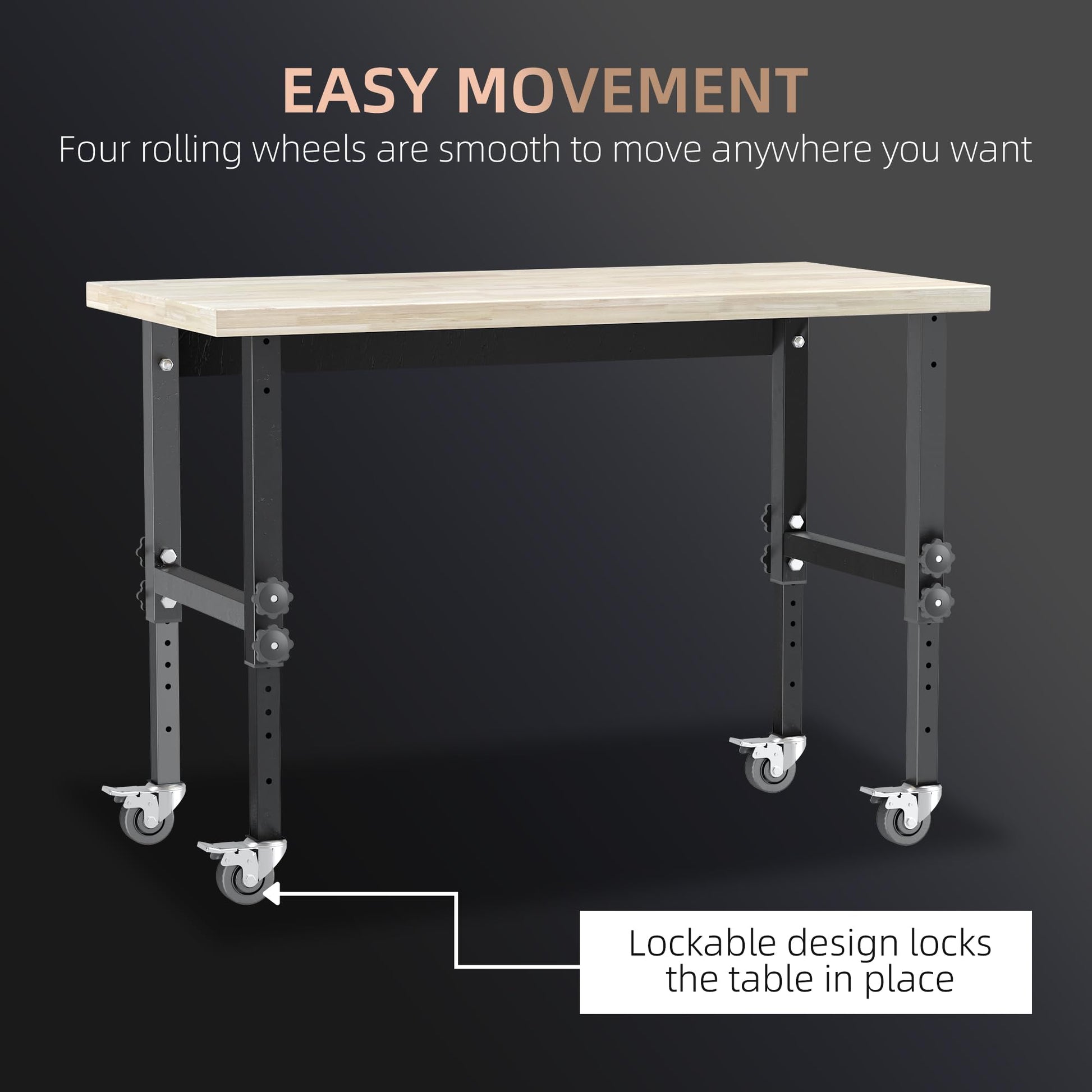 HOMCOM 47" Work Bench with Height Adjustable Legs, Bamboo Tabletop Workstation Tool Table on Wheels for Garage, Weight Capacity 1320 Lbs, - WoodArtSupply